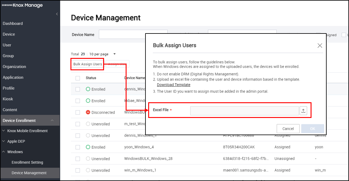 The bulk user assignment dialog