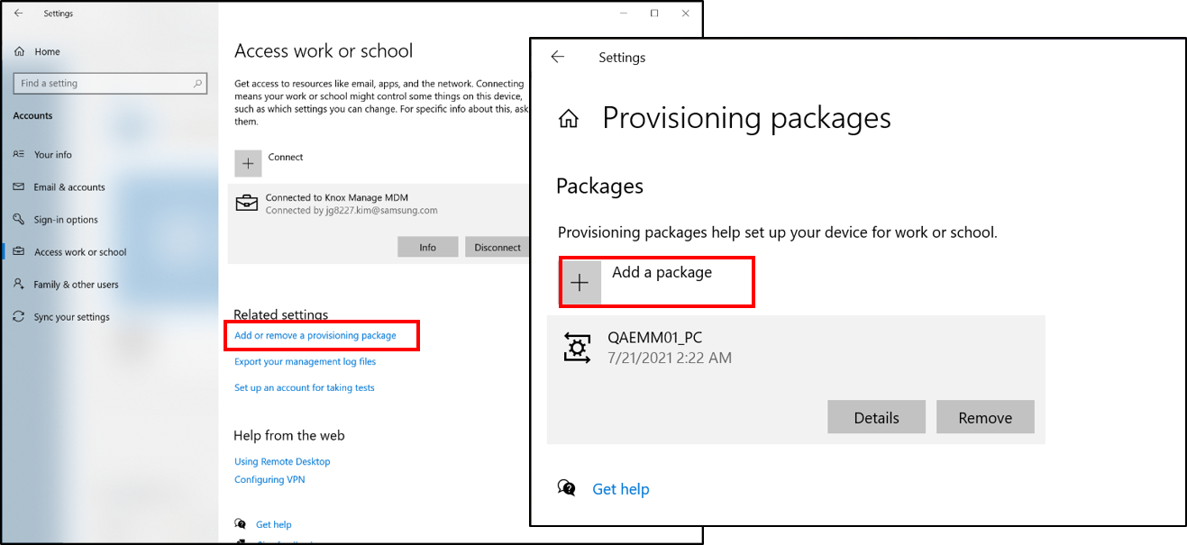 Installing the PPKG through Windows settings