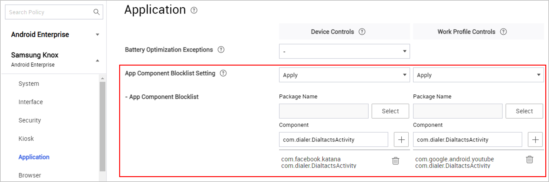 The Application page, under Samsung Knox policies, showing blocklist settings.