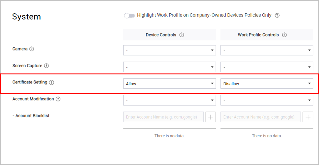 The Application page, under Samsung Knox policies, showing blocklist settings.