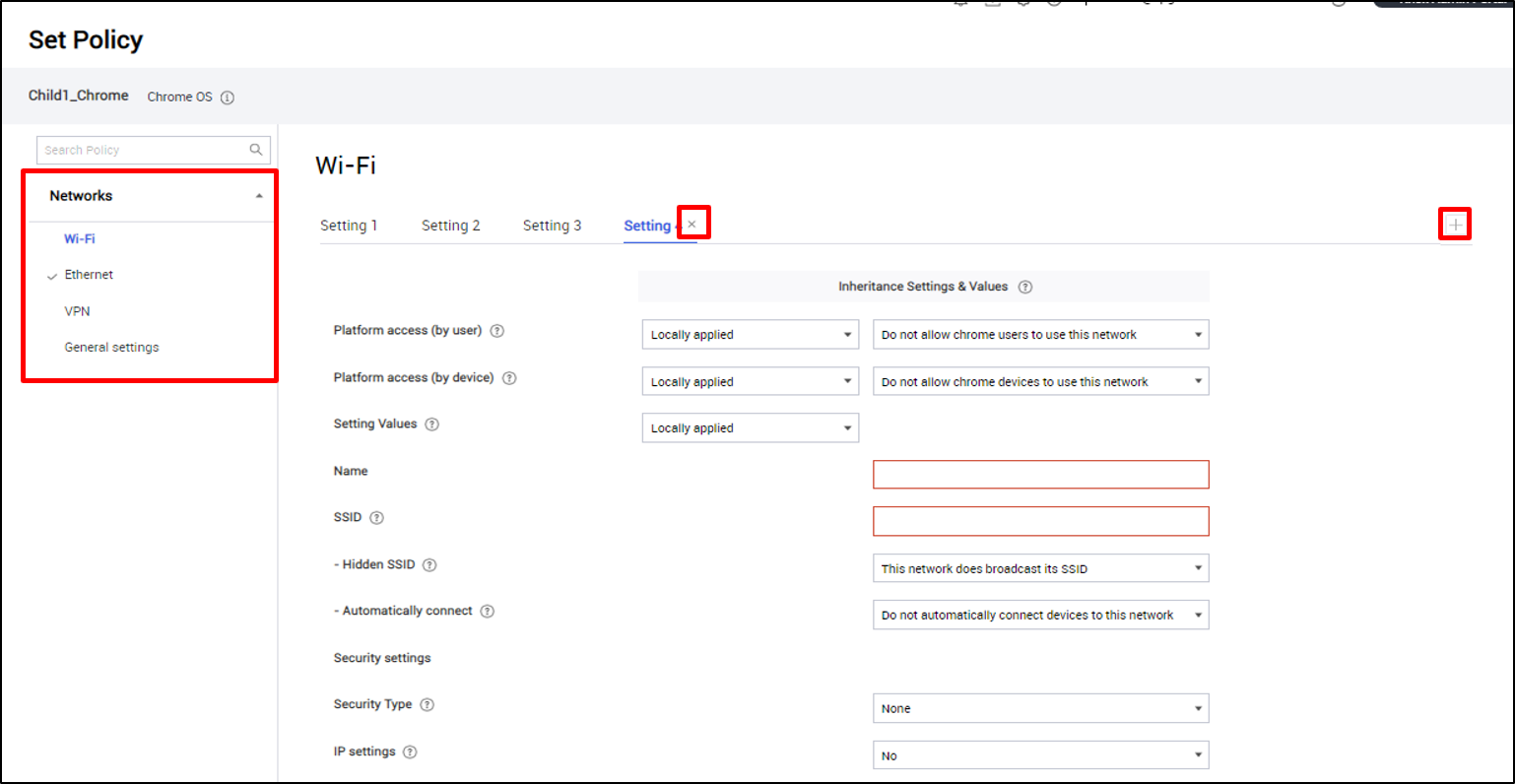 The Chrome network policies for Wi-Fi, Ethernet, VPN, and General Settings.