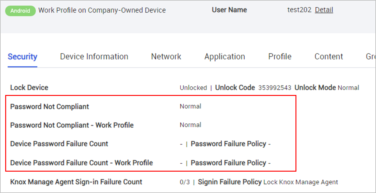 The Device Details page of the Knox Manage console displaying the Security tab.