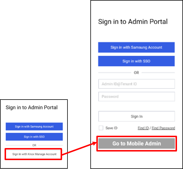 The Go to Mobile Admin option in the Knox Manage mobile sign-in screen.