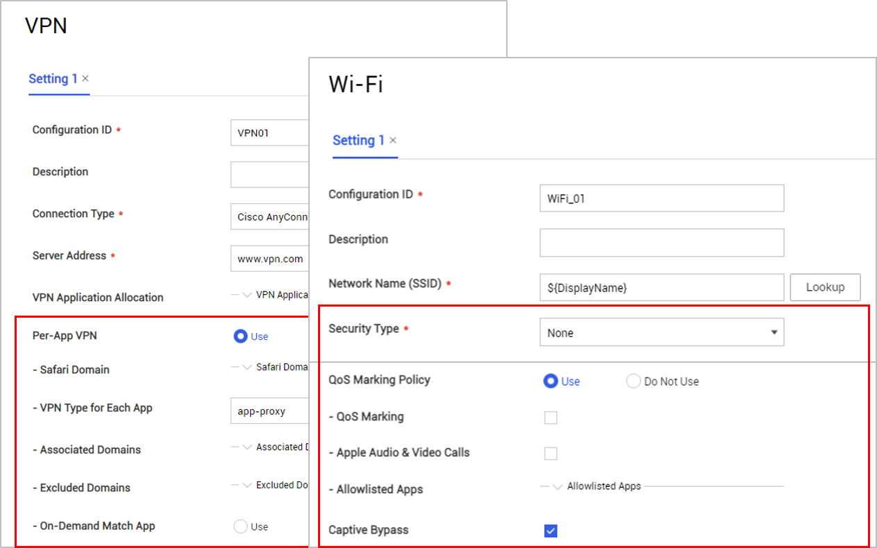 The iOS Wi-Fi and VPN policy pages.