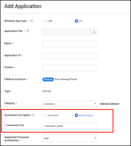 The Application page, under Samsung Knox policies, showing blocklist settings.