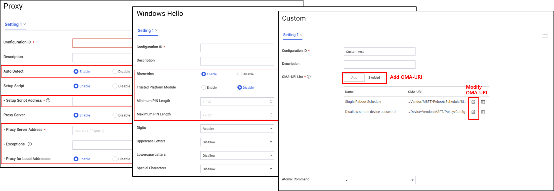 The Windows policy pages for the Proxy, Windows Hello, and Custom policies.