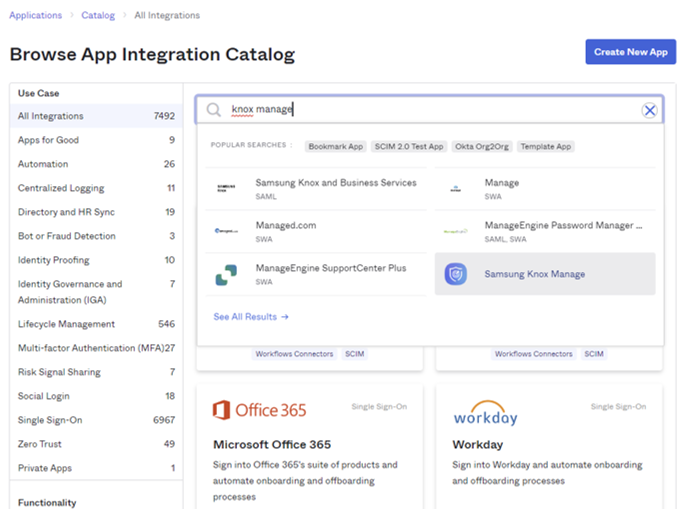 Search and select Samsung Knox Manage