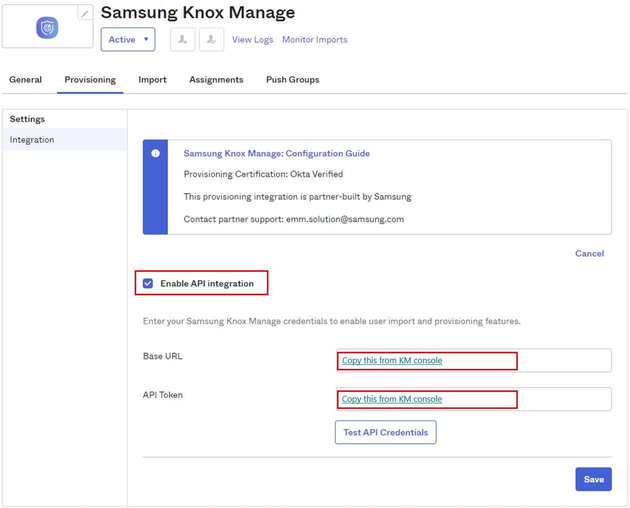 Paste the values copied from Knox Manage console