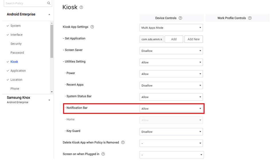 the location for the notification bar policy in the kiosk settings