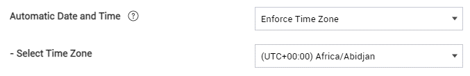 The merged Automatic Date and Time policy on KM 21.11, with the new Enforce Time Zone option.