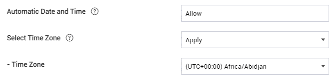 The previous Automatic Date and Time and Select Time Zone policies on KM v21.9.