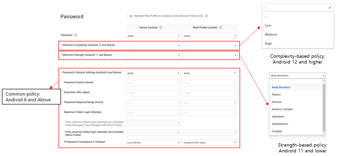 The three Password policy settings.