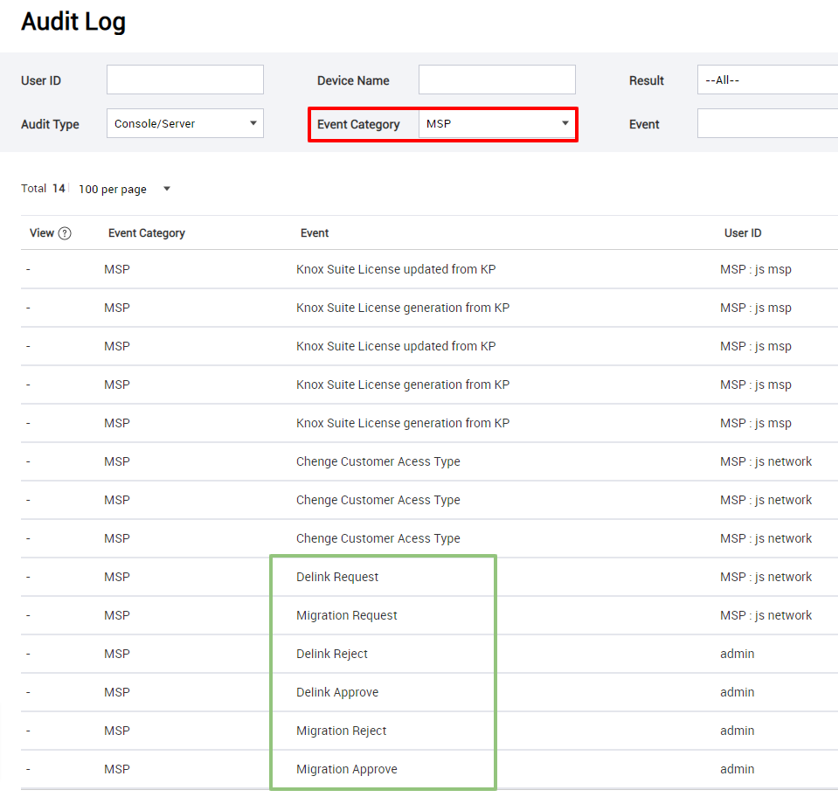 The MSP category on the Audit Log page.