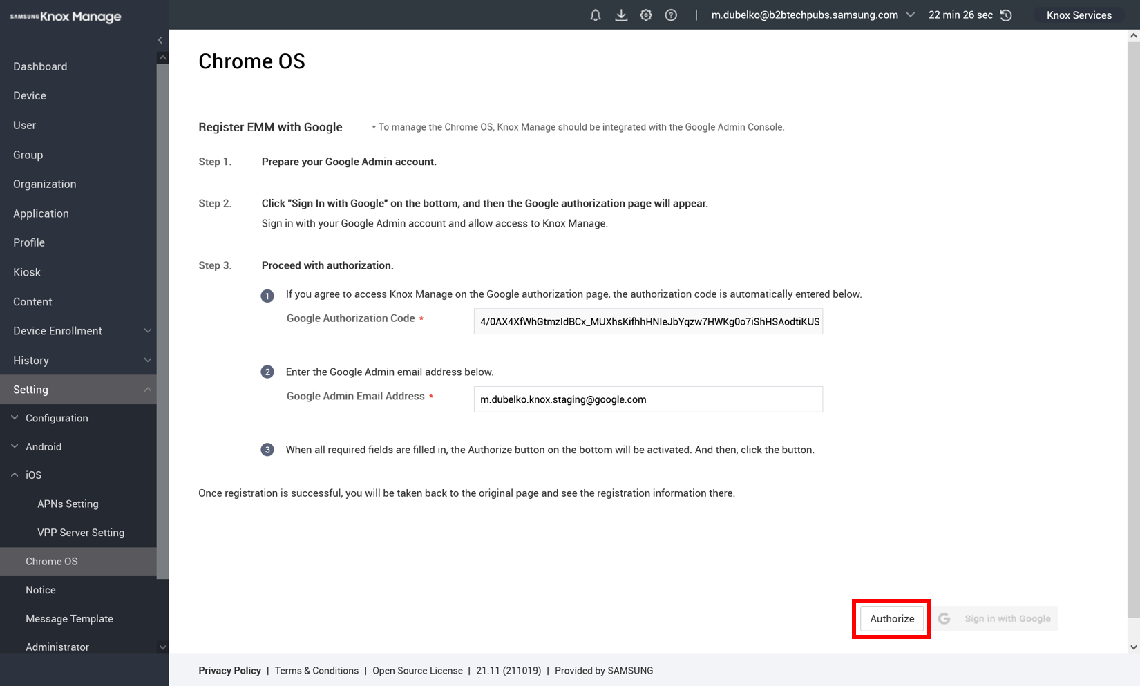 Registering the Google account on the Knox Manage console.