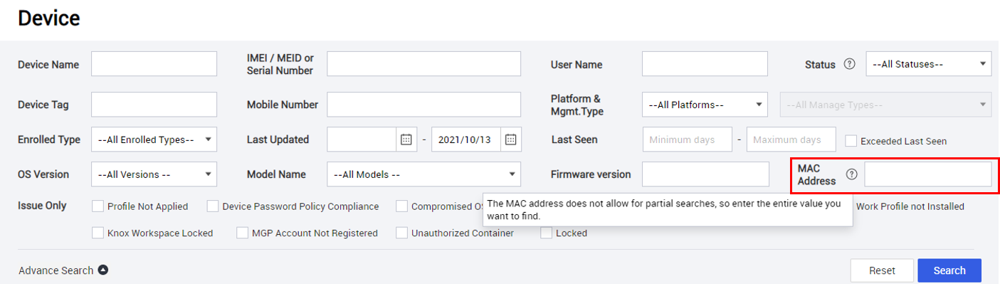 The Mac Address field on the Device page.