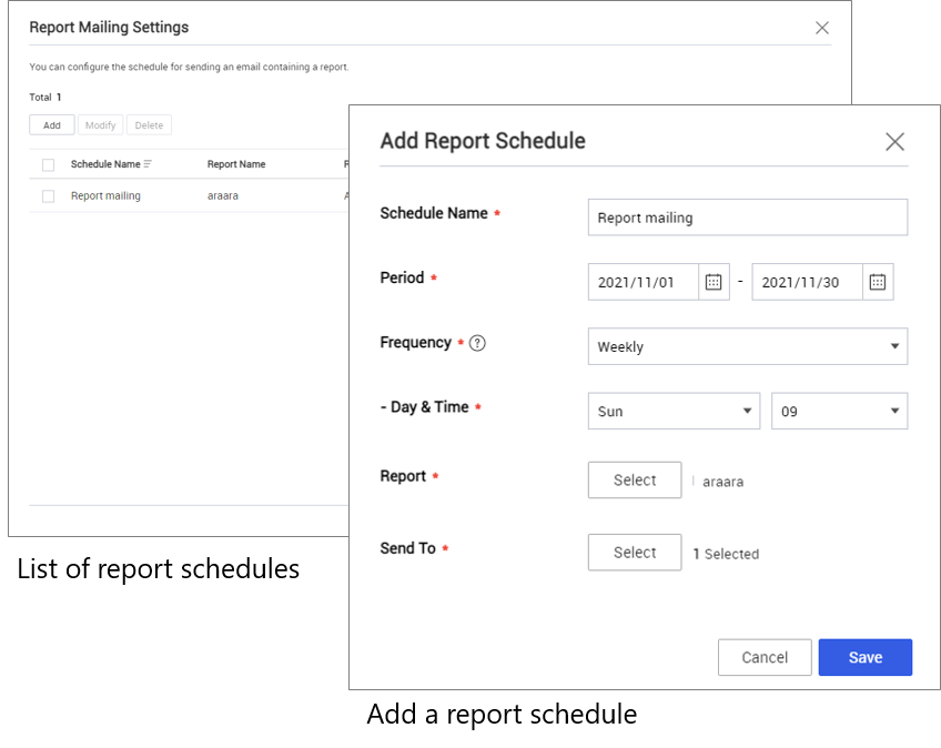 The report schedule list, and adding a report schedule.