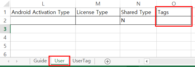 The registration spreadsheet with the User sheet open. The new Tags column is highlighted.