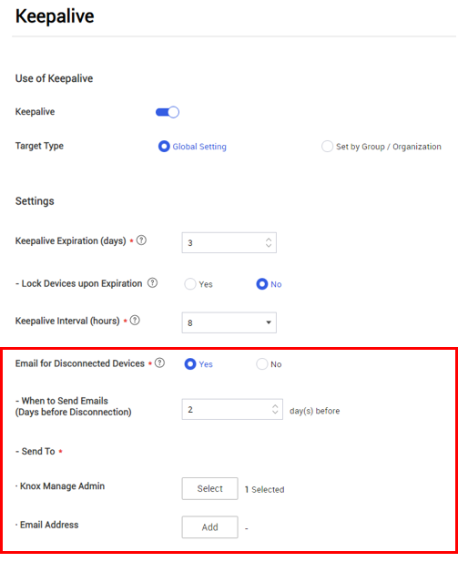 The new automated email notification settings in a keepalive configuration.