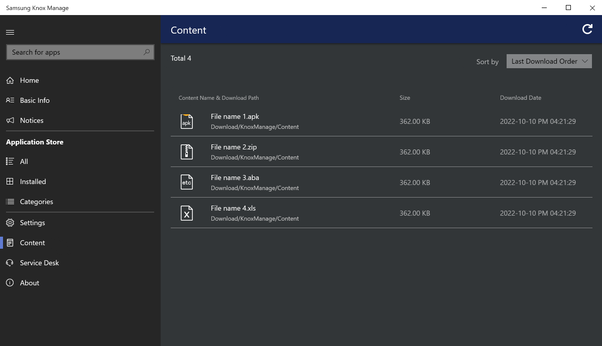 The Content tab of the Knox Manage agent running on a Windows device.