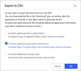 The Export to CSV screen in the Knox Manage console displaying app information available for export.