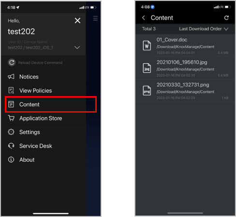 The Content folder in the Knox Manage agent on an Apple device.