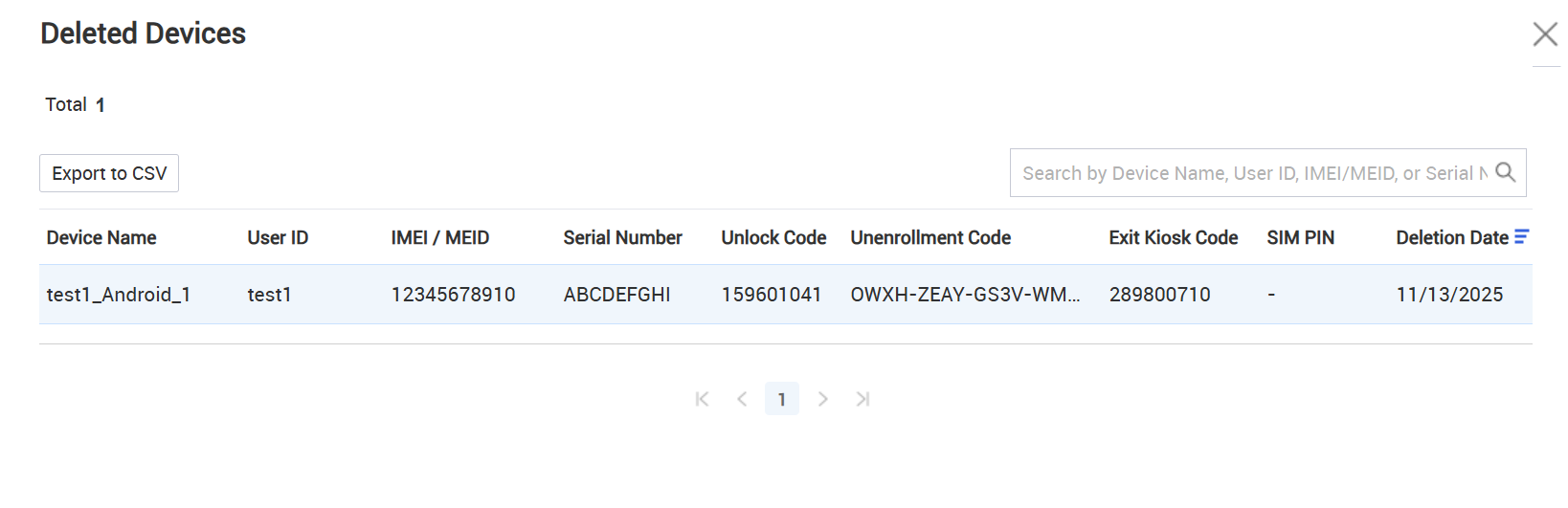 The Deleted Devices list in Knox Manage.