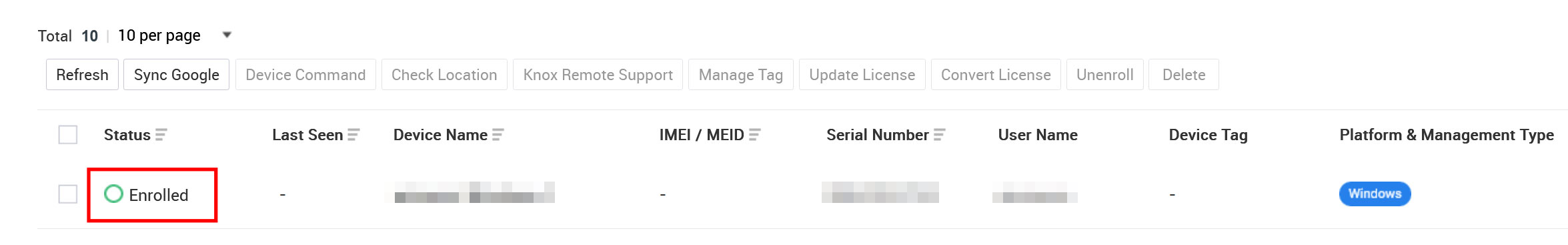 The device with the Enrolled status on the Device page of the Knox Manage console