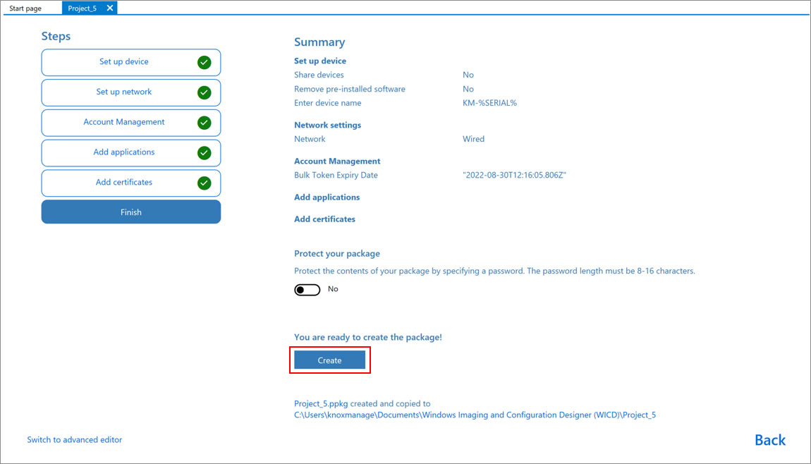 Generating the PPKG file on the Finish screen