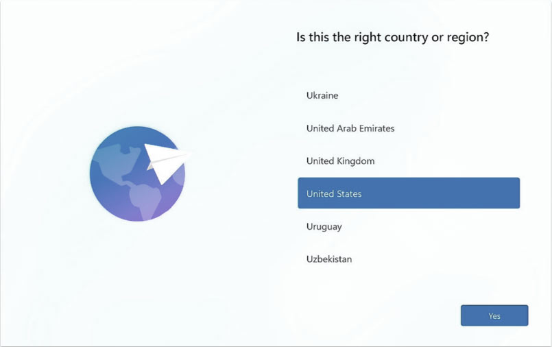 Selecting the region in the OOBE flow