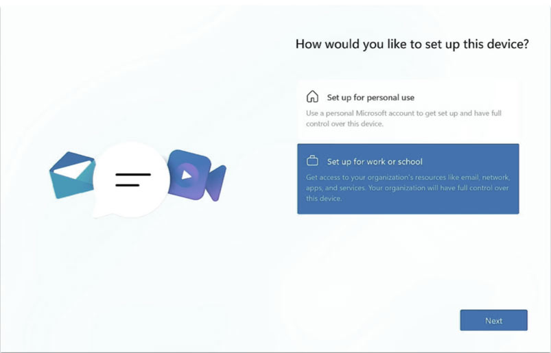 Selecting a work or school account setup in the OOBE flow.