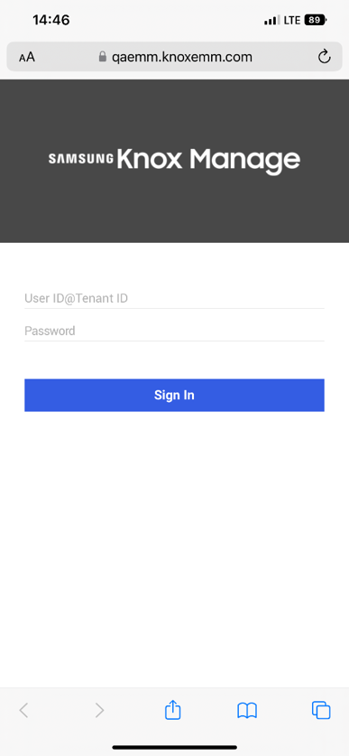 Signing in a Knox Manage account in a web browser.