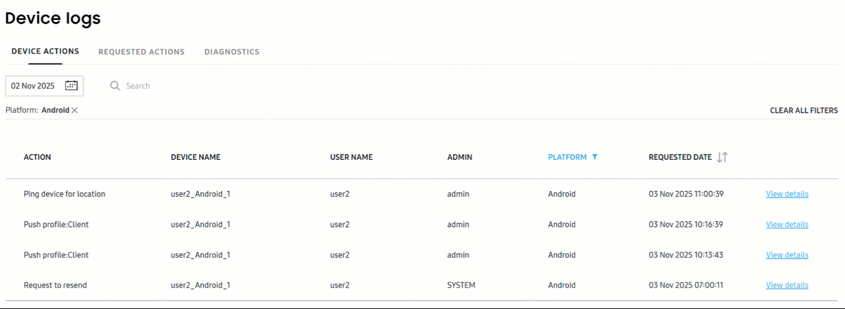 A gif of the device actions log.