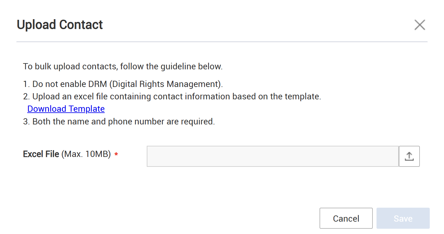 Bulk Upload Contact dialog