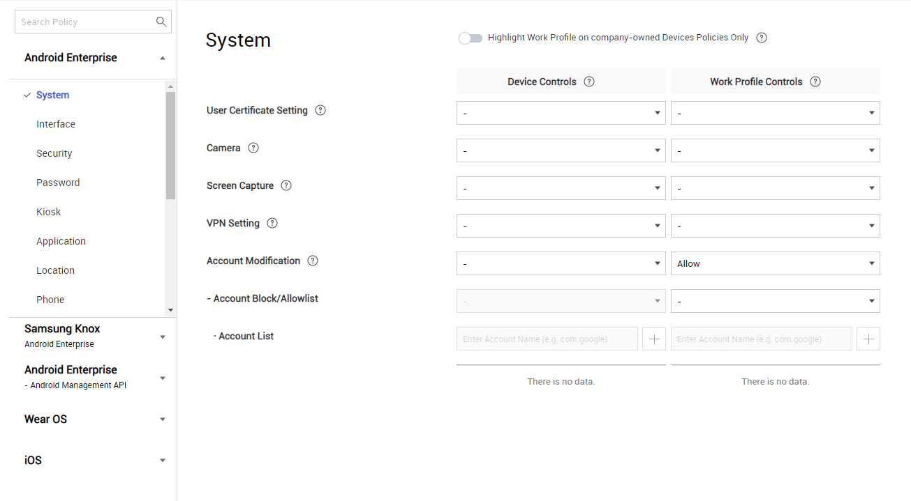 The Profile page with the Android Enterprise section expanded