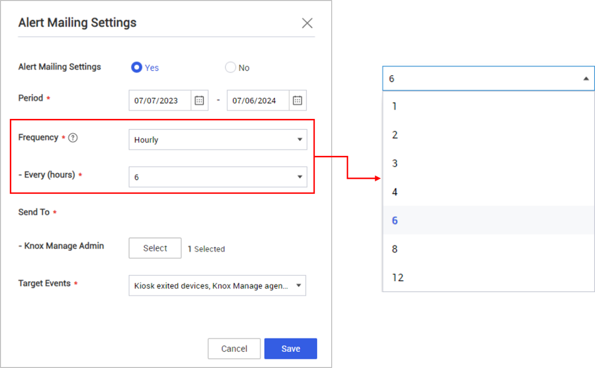 Alert Mailing Settings dialog with hourly frequency and values