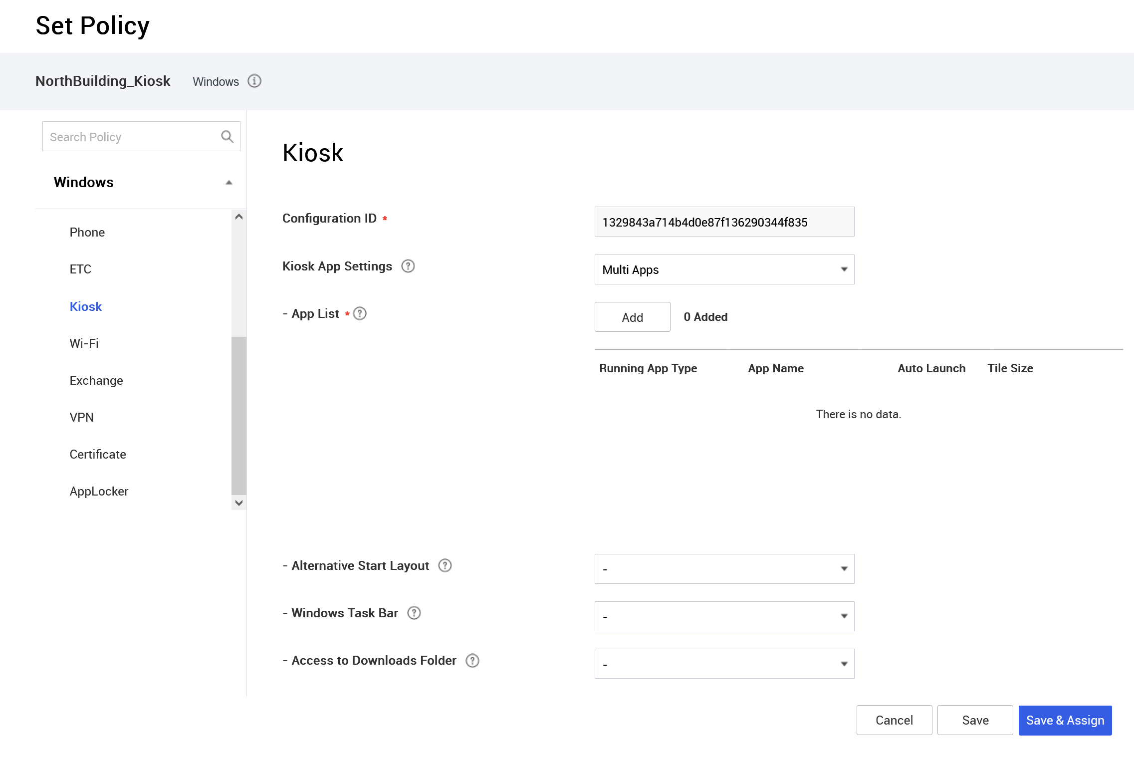 Setting the base multi-app kiosk policies on the Set Policy page.