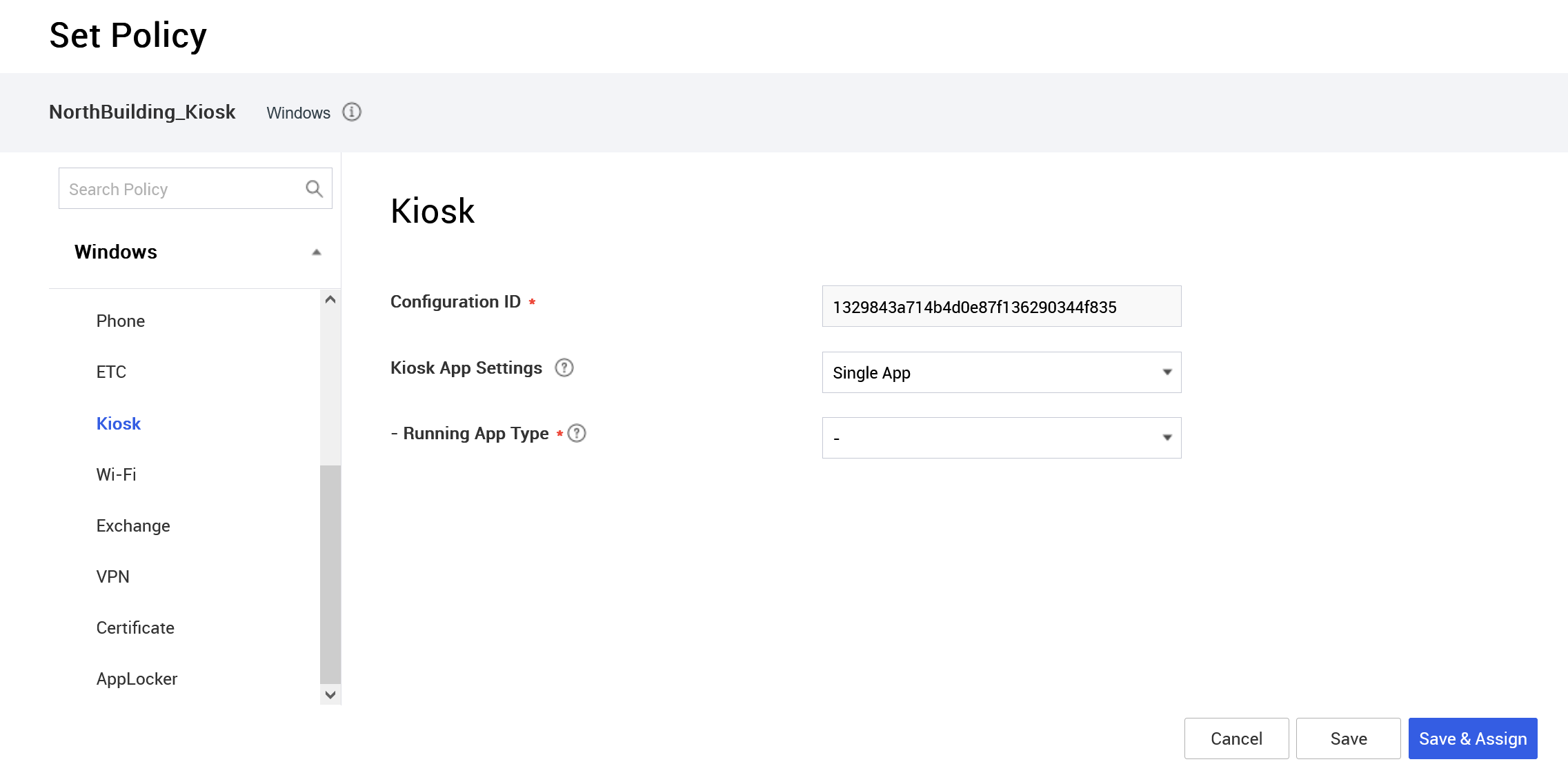 Setting the base single-app kiosk policy.