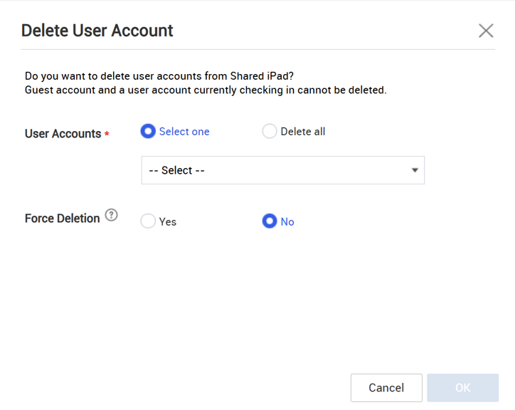 The Delete User Account dialog for Shared iPad users.