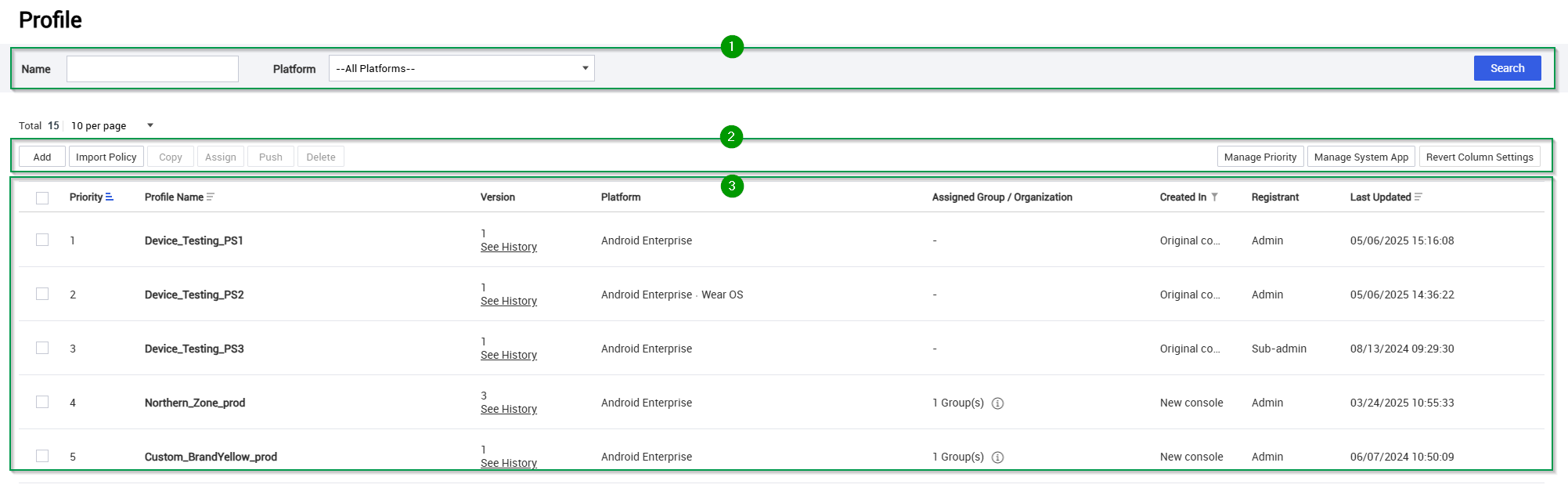 The Profile page broken down into its search field, action row, and profile list