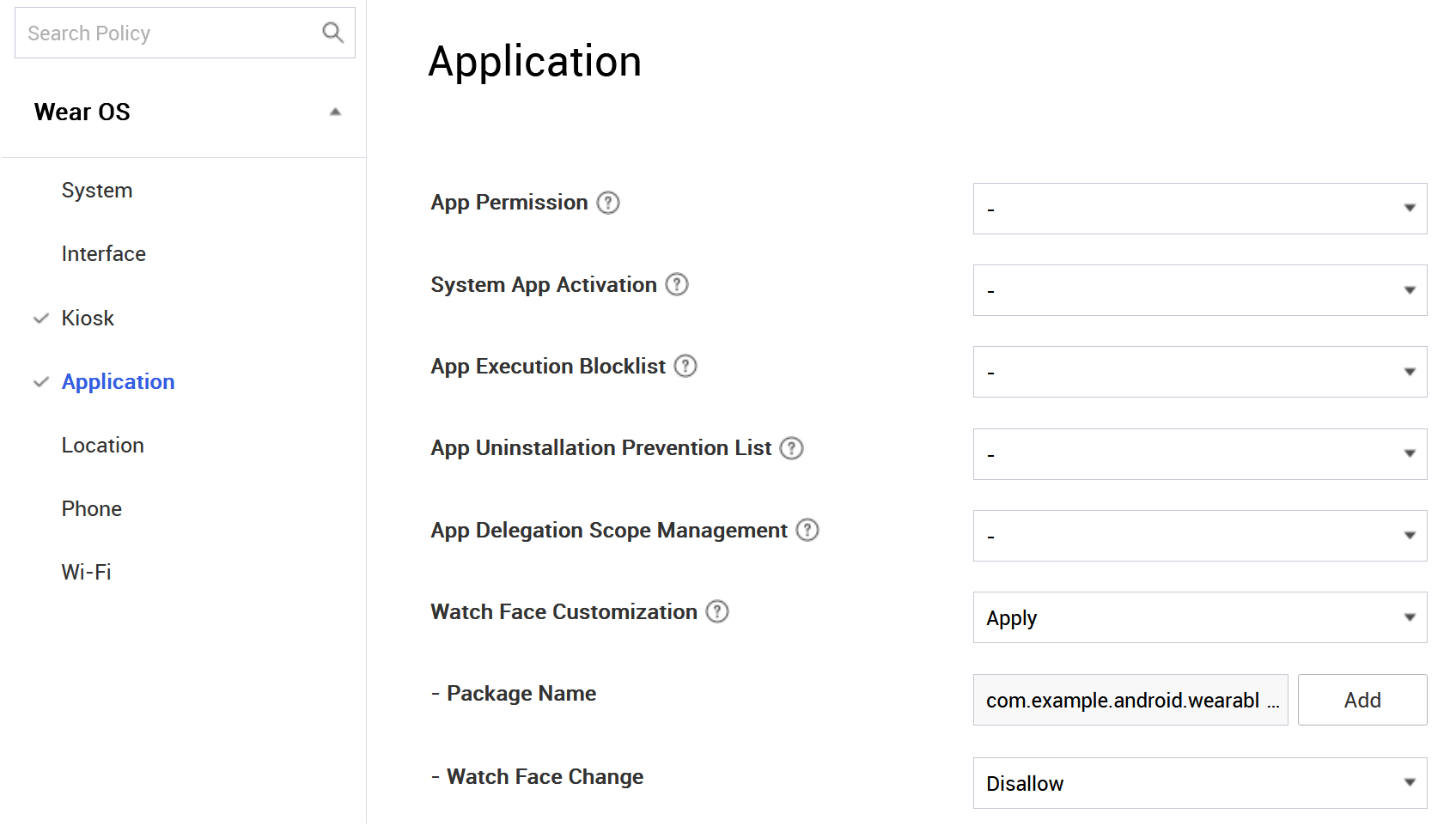 The Set Policy page with the Watch Face Customization policy set to configure a watch face package.