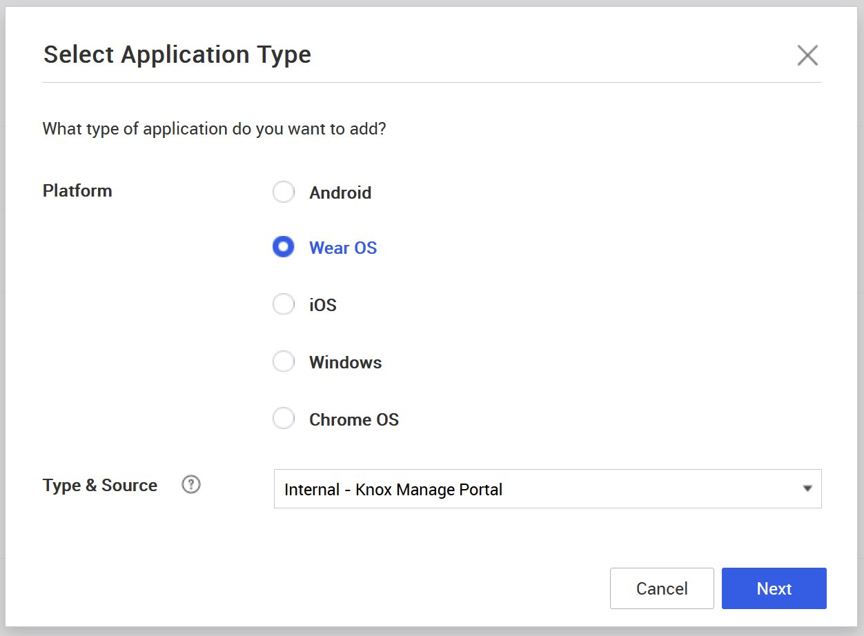 The Select Application Type dialog, with Platform set to Wear OS.