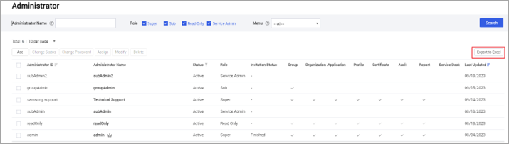 Export in Excel button to export a list of all administrators