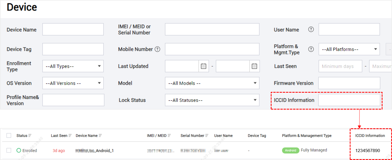 ICCID information on the Device page