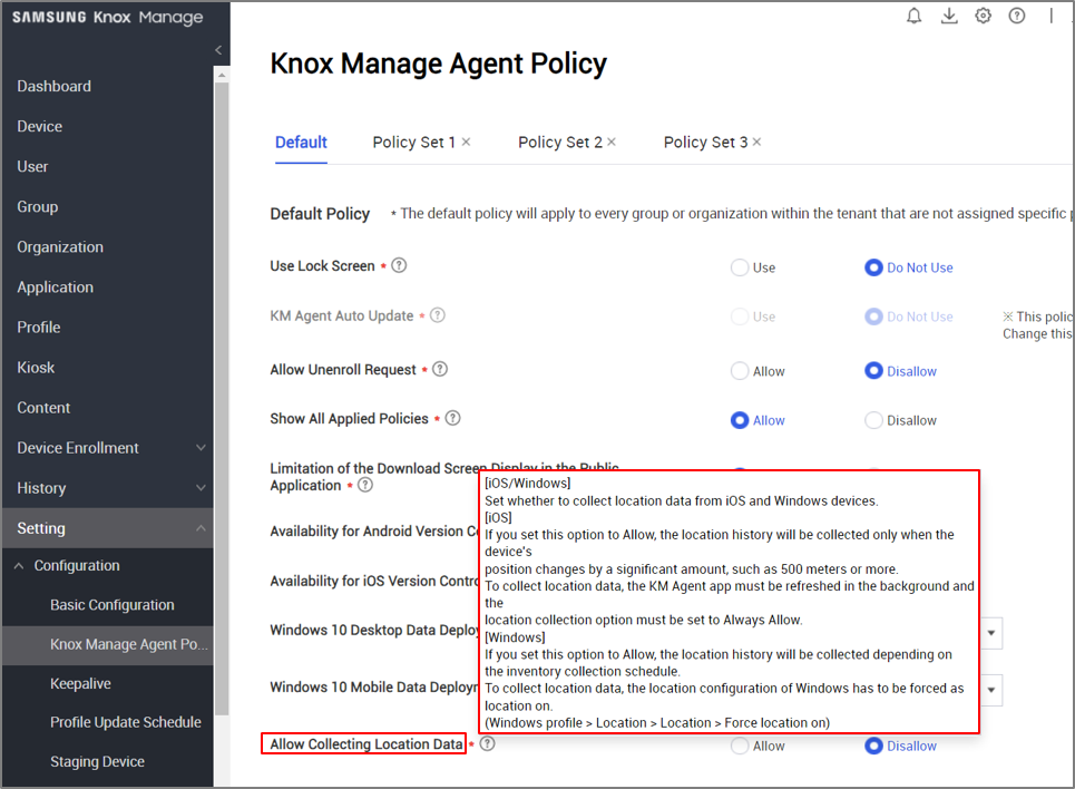 Allow Collecting Location Data policy for tracking iOS/Windows devices