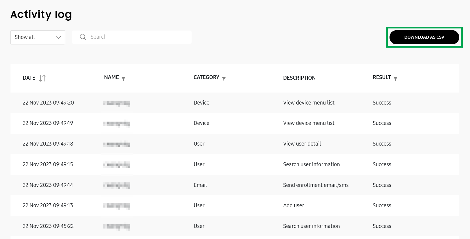 Export activity log data