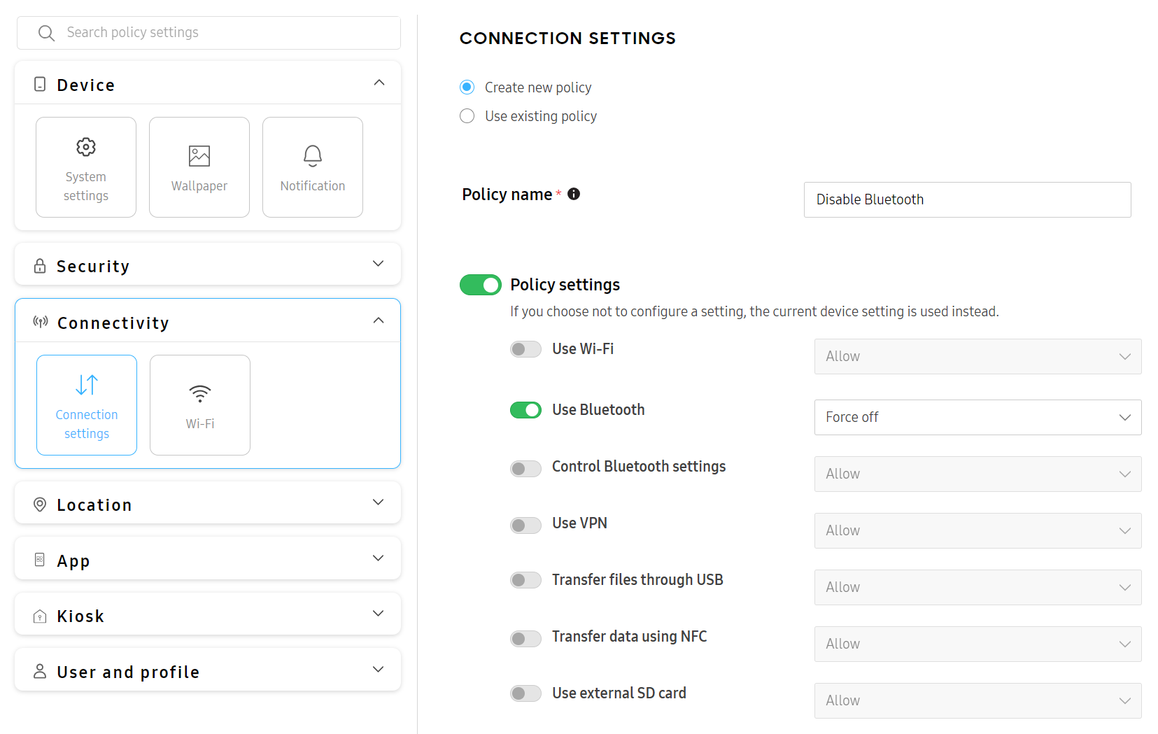 Configure policy settings