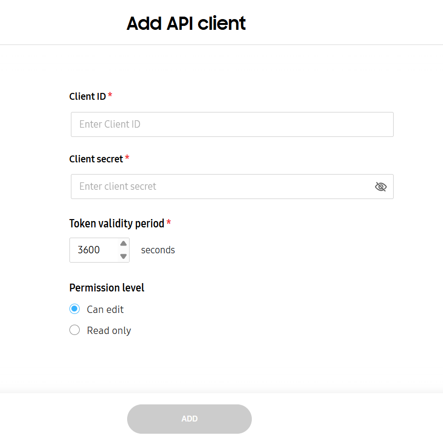 The add an API client page.
