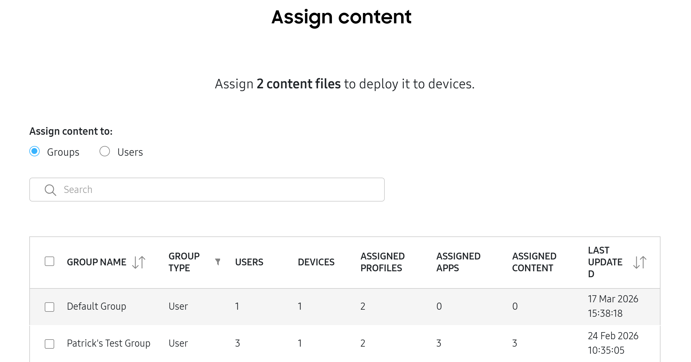 The Assign content page.