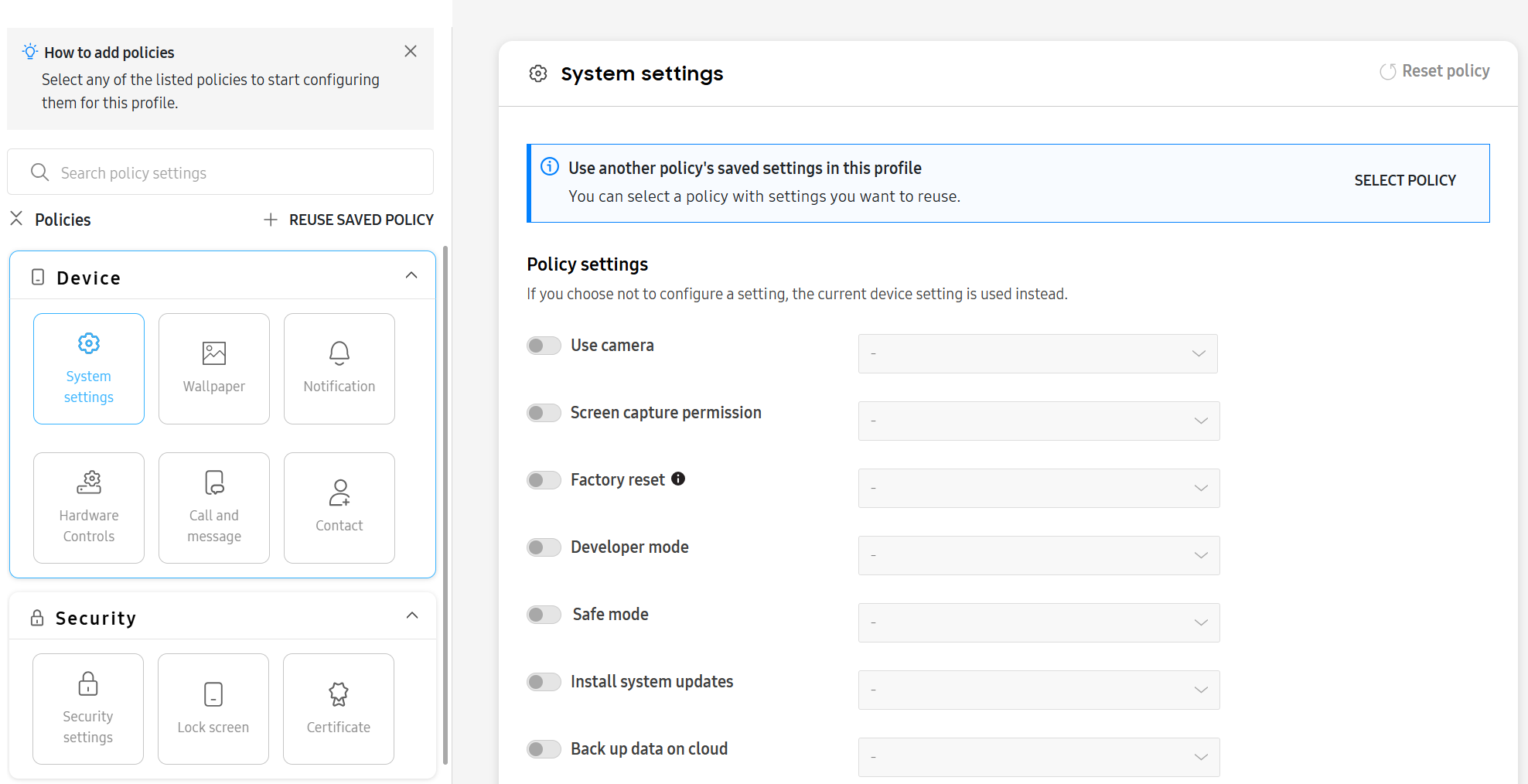 Configure policies in Create profile