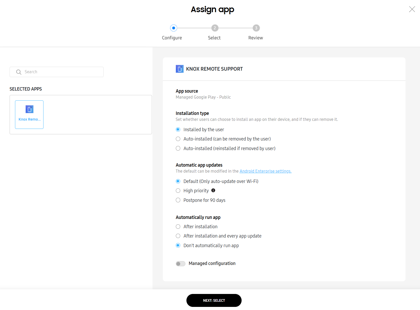 Configure step of the Assign app process